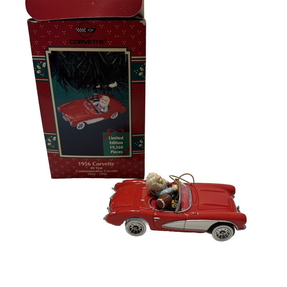 Vtg Enesco 1956 Red Chevrolet Corvette Christmas Tree Ornament Santa Football